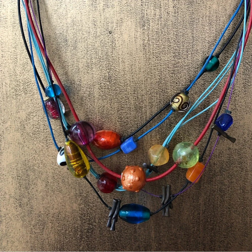 Multicolored beads and multicolored cords on this fun necklace, 17” long - Picture 9 of 9
